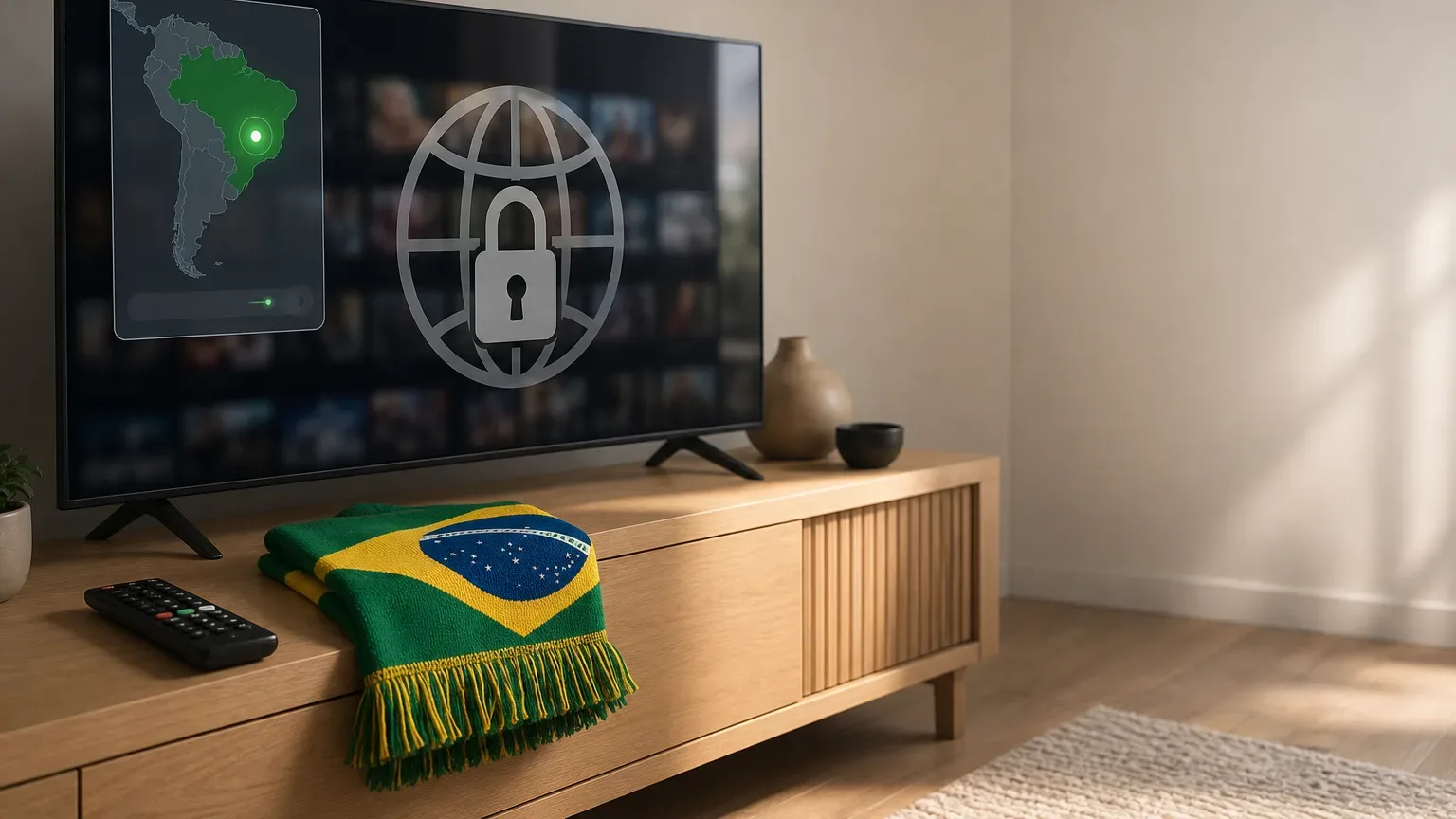 Notebook com aviso de vídeo indisponível por localização no YouTube e app da NordVPN conectado ao Brasil na lateral da tela