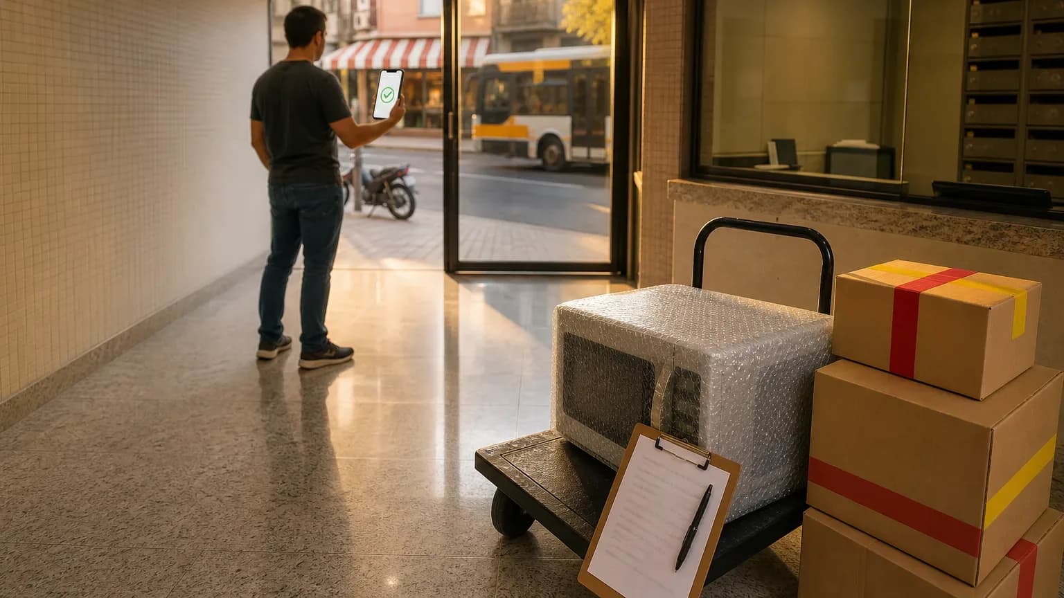 Vendedor conferindo Pix confirmado no celular enquanto entrega um micro-ondas a um comprador na portaria, com caixas de mudança ao fundo
